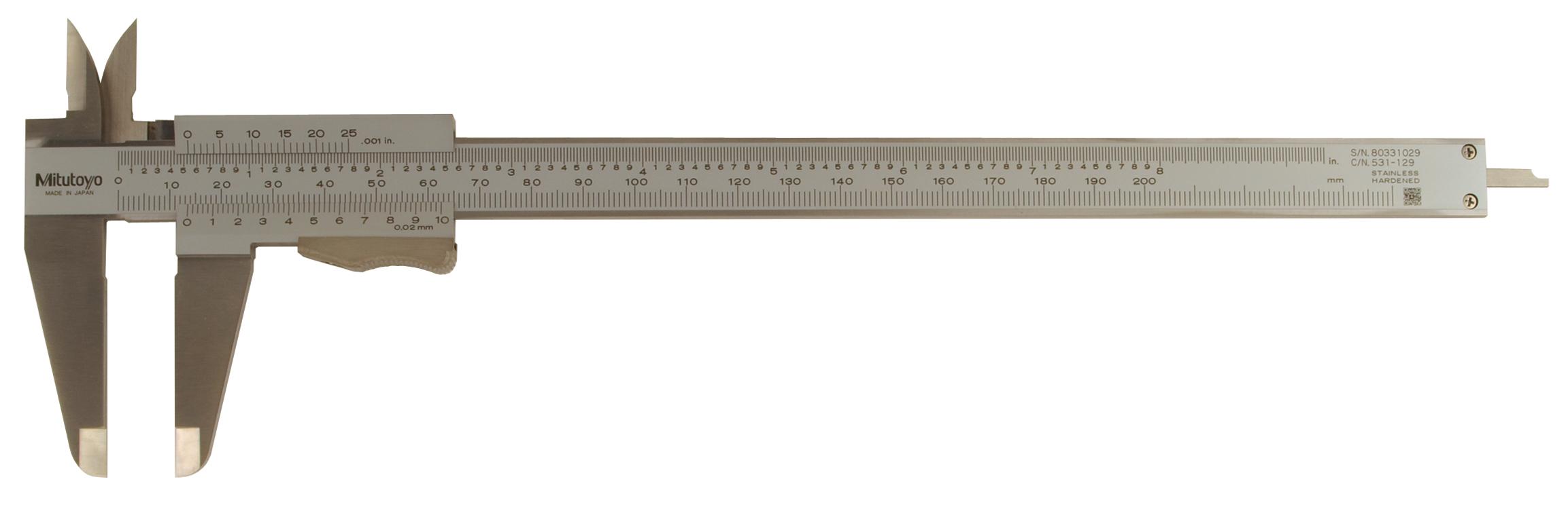 Mitutoyo, 531-129, 0-200mm/0-8 In, .02mm/.001 In, Vernier Caliper, Thumb Clamp, High Accuracy, Dual Scale