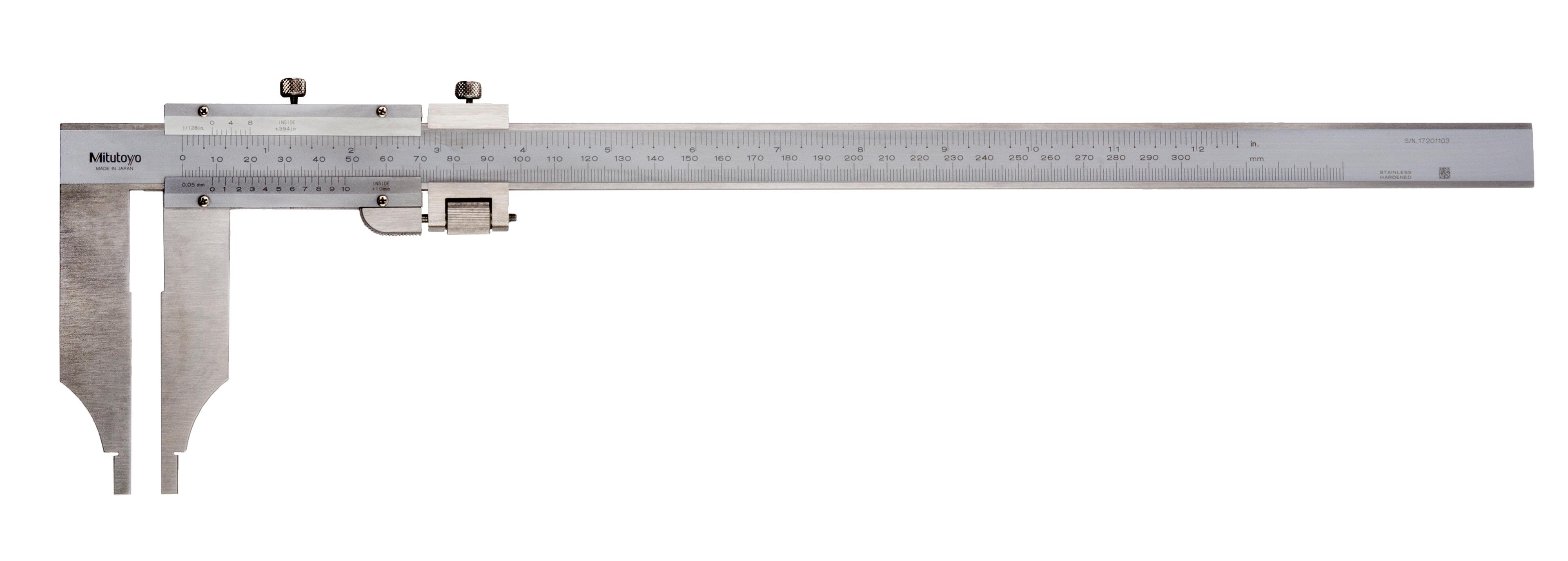 Mitutoyo, 534-101, 0(10)-300mm/0(.3 In)-12 In long-jaw vernier caliper, +/- 0.07mm accuracy, 0.05mm-1/128 In graduation, 460g with metric/inch dual scale