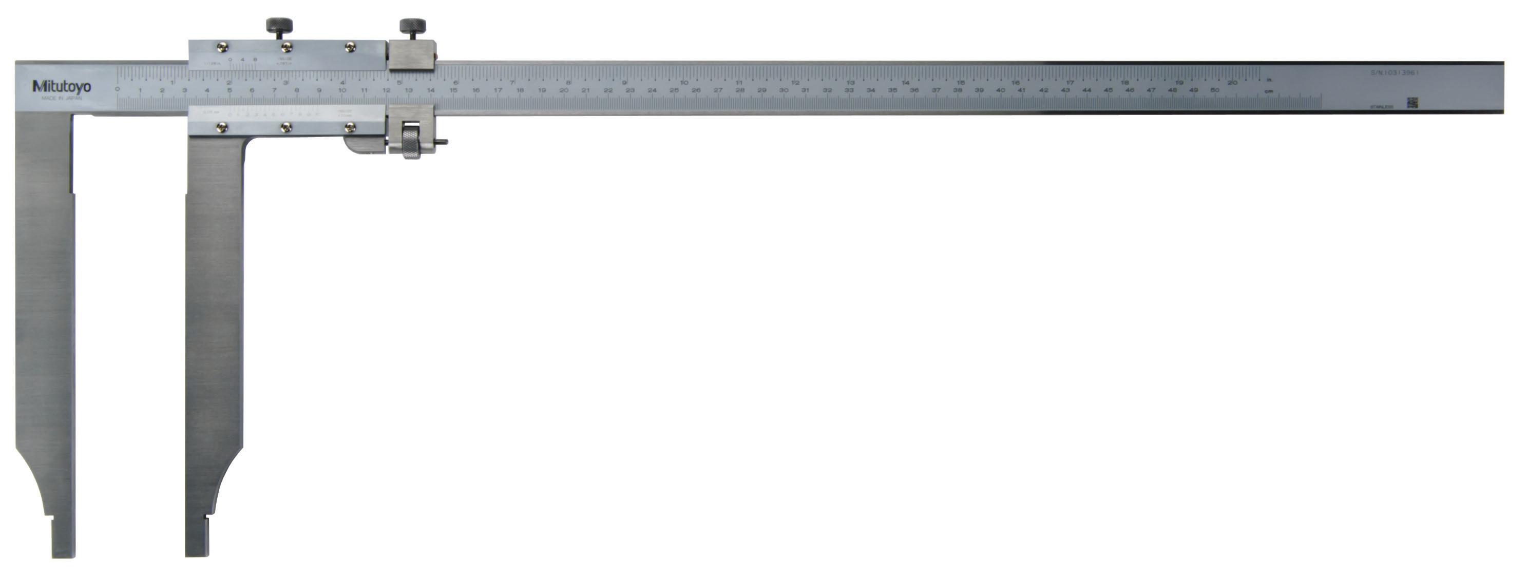 Mitutoyo, 534-102, Long-jaw vernier caliper, metric/inch dual scale, 0(20)-500mm/0(.8 In)-20 In  range, .13mm accuracy, .05mm lower scale/1/128 In upper scare graduation, 1,500g mass