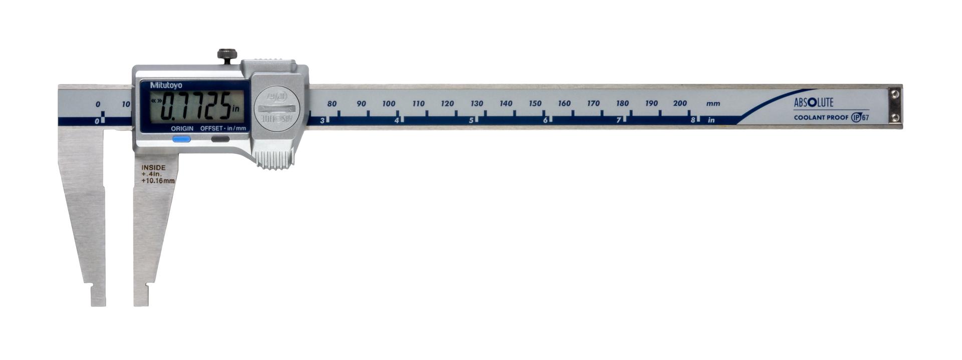Mitutoyo, 550-311-20, 0 (.4)-8 In/0 (10)-200mm, .0005 In/0.01mm, IP67 ABSOLUTE Digimatic Nib Jaw Caliper,  With SPC Data Output, No Depth Bar