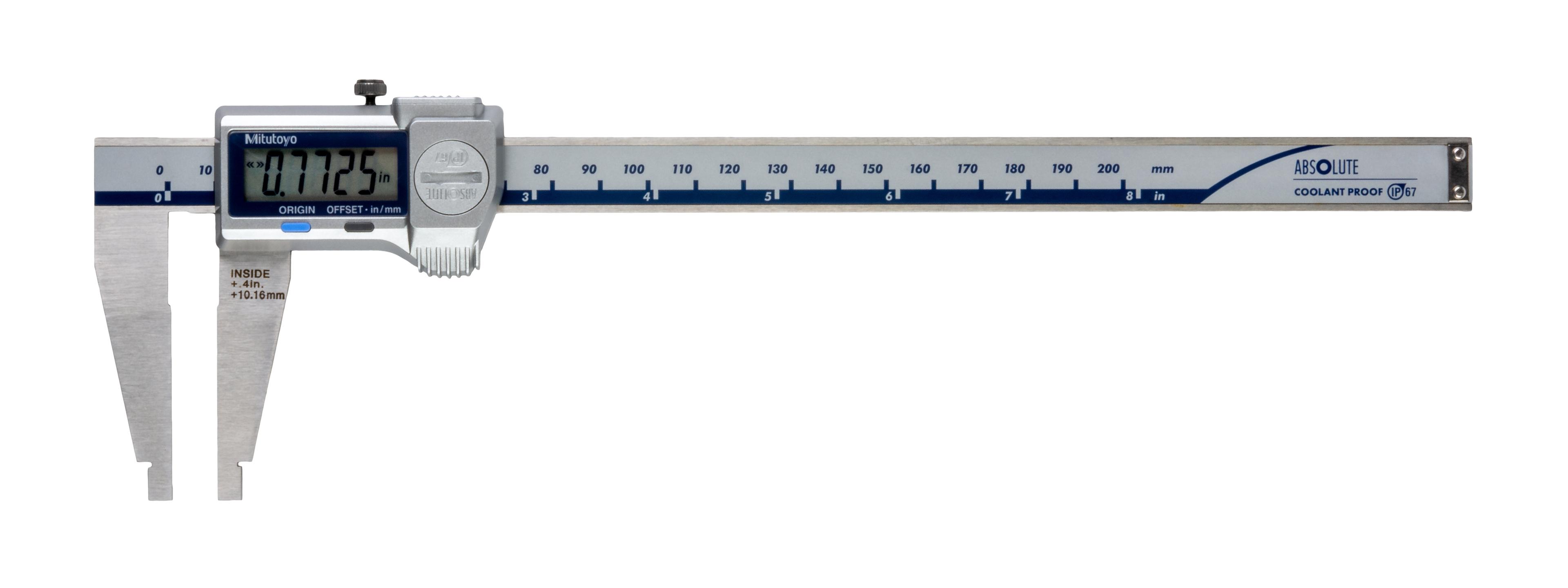 Mitutoyo, 550-311-20, 0 (.4)-8 In/0 (10)-200mm, .0005 In/0.01mm, IP67 ABSOLUTE Digimatic Nib Jaw Caliper,  With SPC Data Output, No Depth Bar