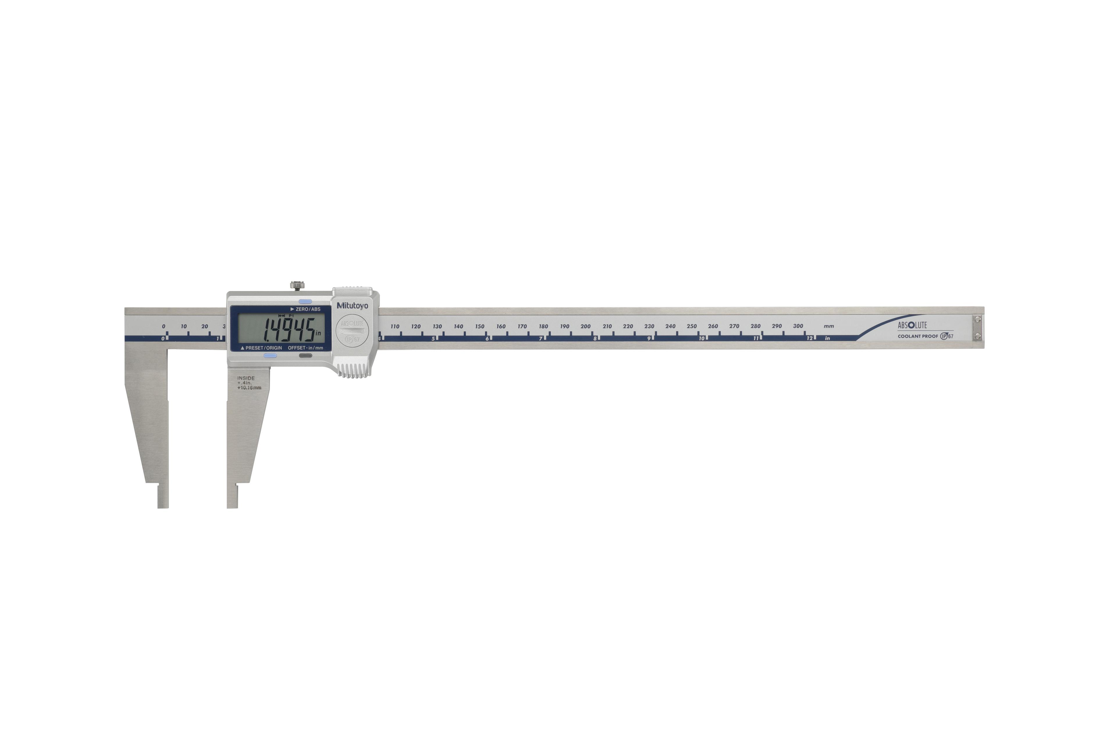 Mitutoyo, 550-341-20, 0 (.4)-12 In/0 (10)-300mm, .0005 In/0.01mm, IP67 ABSOLUTE Digimatic Nib Jaw Caliper,  With SPC Data Output, No Depth Bar