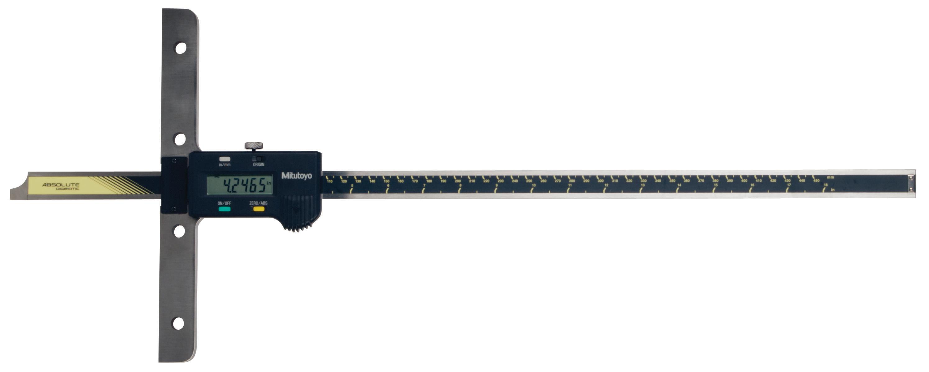 Mitutoyo, 571-214-10, 0-18 In/450mm, .0005 In/0.01mm, ABSOLUTE Digimatic Depth Gage, With SPC Data Output
