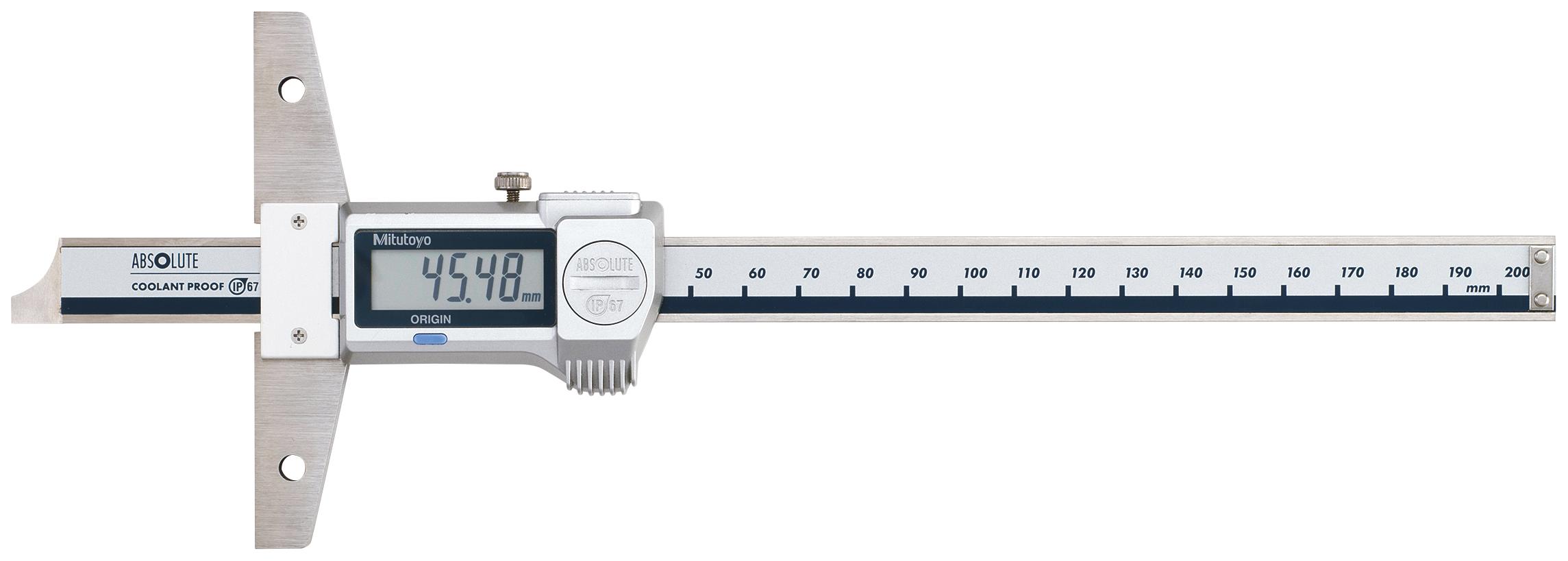 Mitutoyo, 571-252-20, ABSOLUTE digimatic depth gage, 200mm range, .01mm resolution, .02mm accuracy, 219g