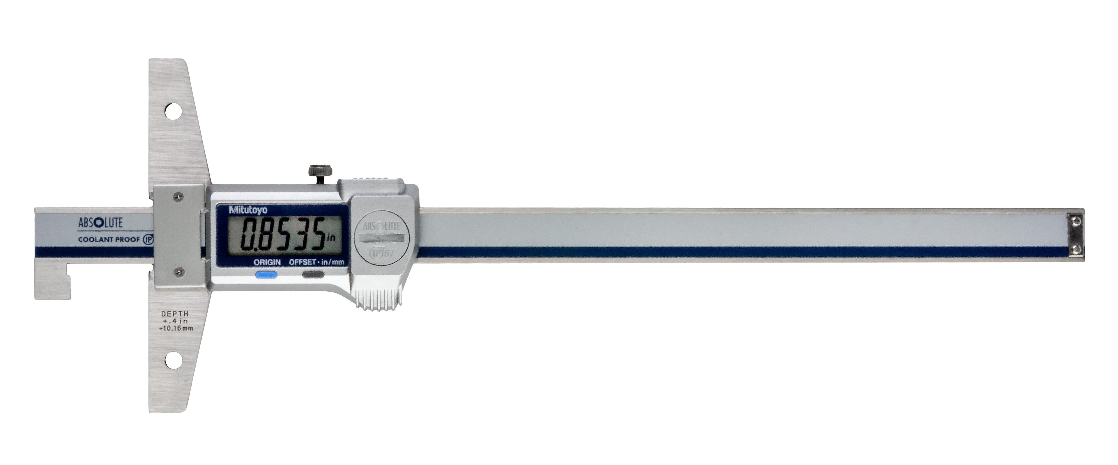 Mitutoyo, 571-265-20, Absolute digimatic depth gage, Hook-End type, .8in/200mm range, .0005in/.01mm resolution, 598g