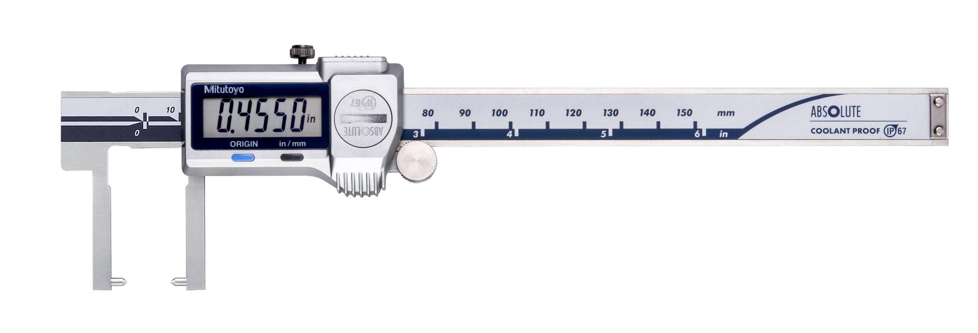 Mitutoyo, 573-752-20, 6 In/150mm, .0005 In/0.01mm, IP67 ABSOLUTE Digimatic  Neck (Point Jaw) Caliper, With SPC Data Output