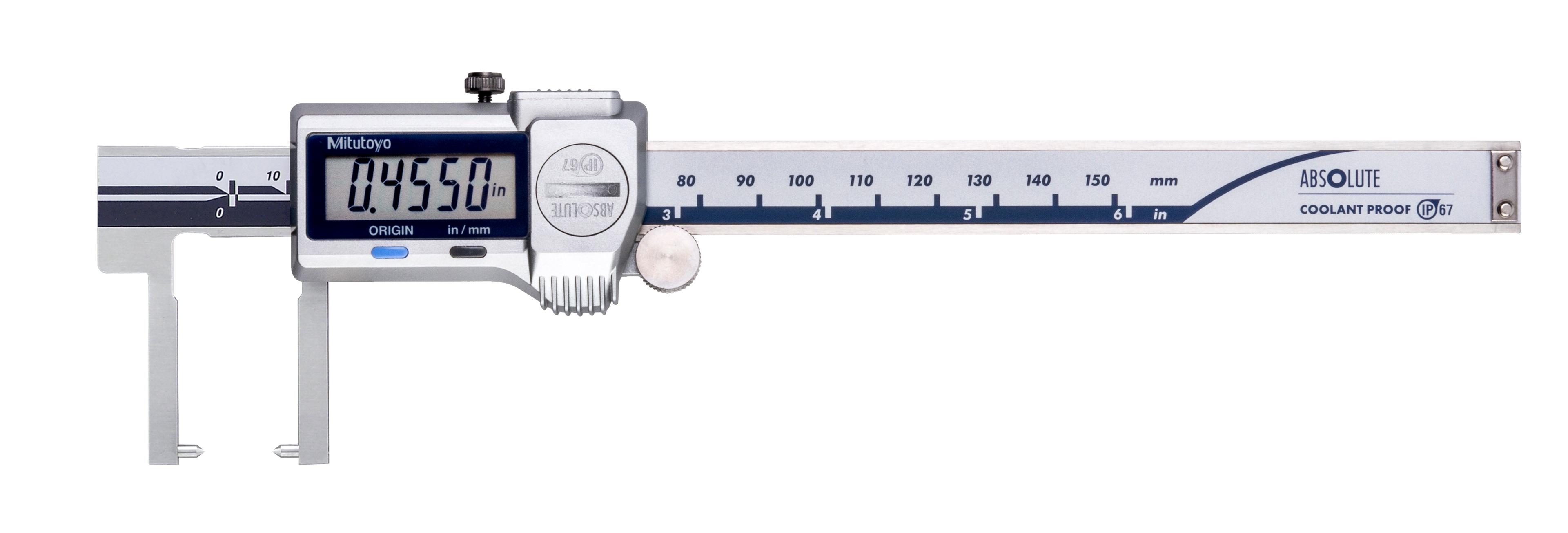 Mitutoyo, 573-752-20, 6 In/150mm, .0005 In/0.01mm, IP67 ABSOLUTE Digimatic  Neck (Point Jaw) Caliper, With SPC Data Output