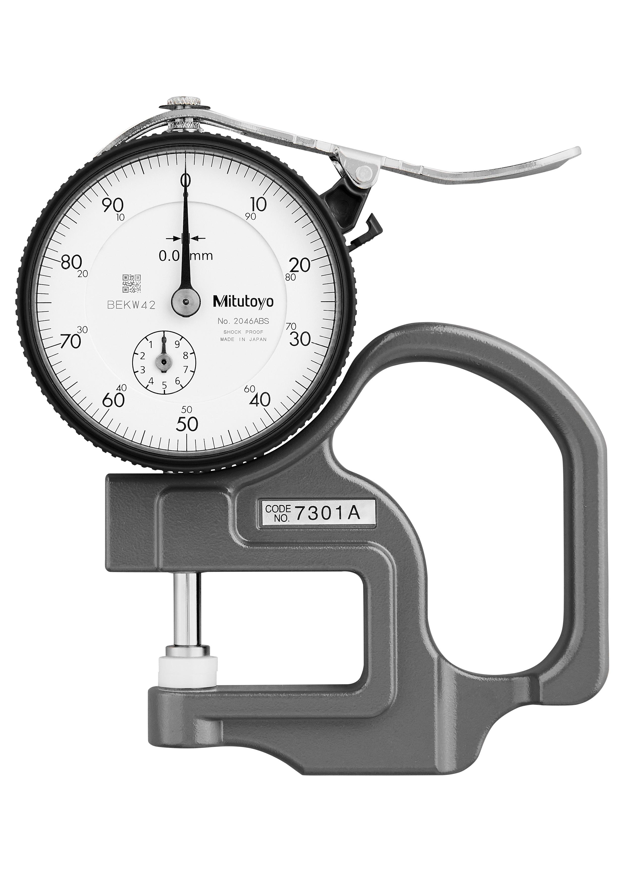 Mitutoyo, 7301A, Dial Thickness Gage, Ceramic spindle/ anvil,  0-10mm, 0.01mm