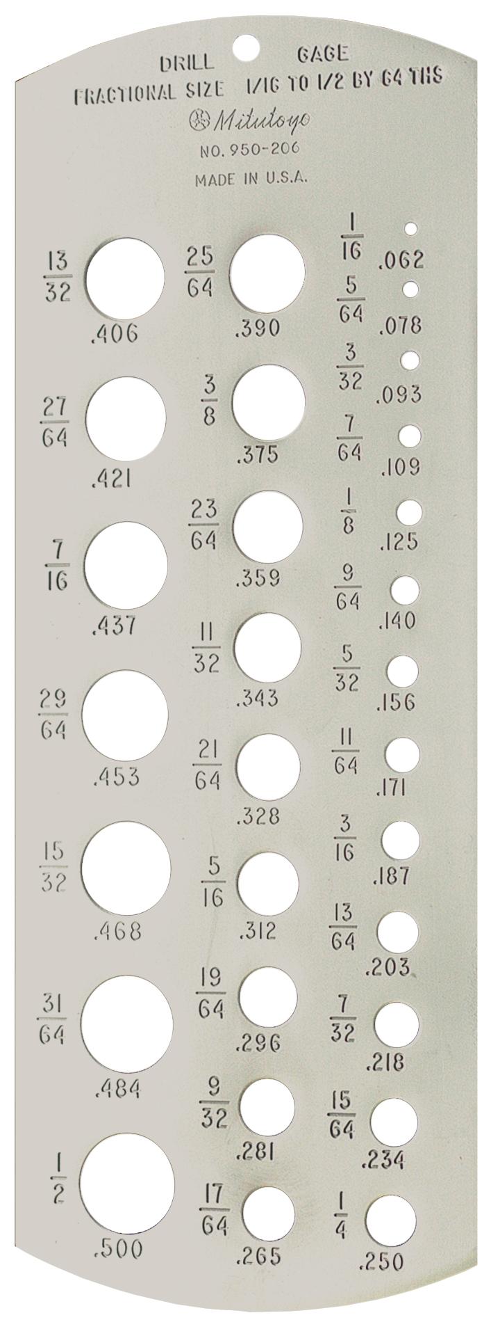 Mitutoyo, 950-206, 1/16-1/2 In Fractional Drill Gage
