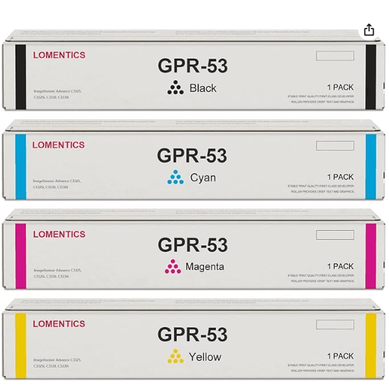 GPR-53, (4) Black Cyan Magenta Yellow, PRINTER: C3325 C3325i AND MORE, 1 CARTRIDGE PER COLOR, ASIN: B0CMZQP25K