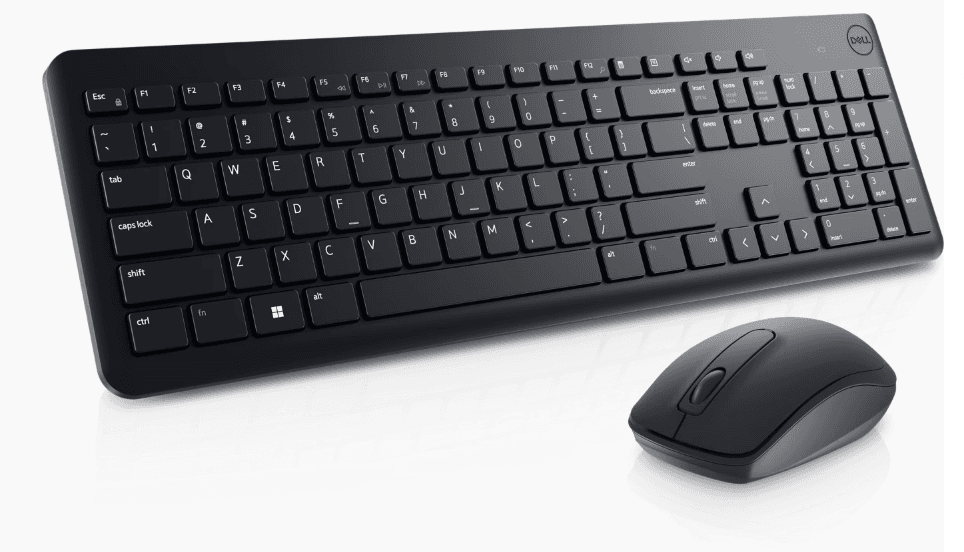 Dell Wireless Keyboard and Mouse - KM3322W, Wireless - 2.4GHz, Optical LED Sensor, Mechanical Scroll, Anti-Fade Plunger Keys, 6 Multimedia Keys, Tilt Leg - Black