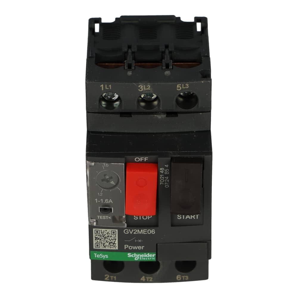 SCHNEIDER, GV2ME06, MOTOR STARTER AND PROTECTOR, 600VAC, 3 POLES, PUSH BUTTON, TRIP 1.0A to 1.6A