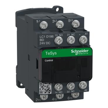 SCHNEIDER, LC1D-186BD, IEC CONTACTOR, 18A, 10HP AT 480VAC, 3 NO, 24VDC COIL, OPEN, 0.6KG