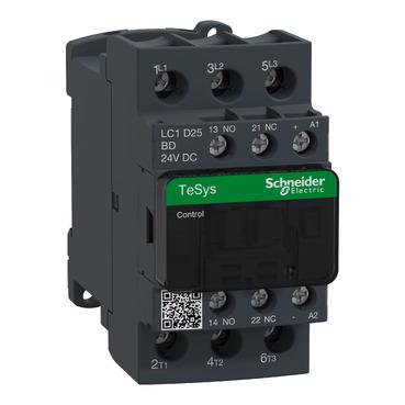 SCHNEIDER, LC1D25BD-DC24V, CONTACTORS, 440VAC, 25A, 3 POLE, 24VDC COIL, DIN RAIL, TESYS D, 0.7KG